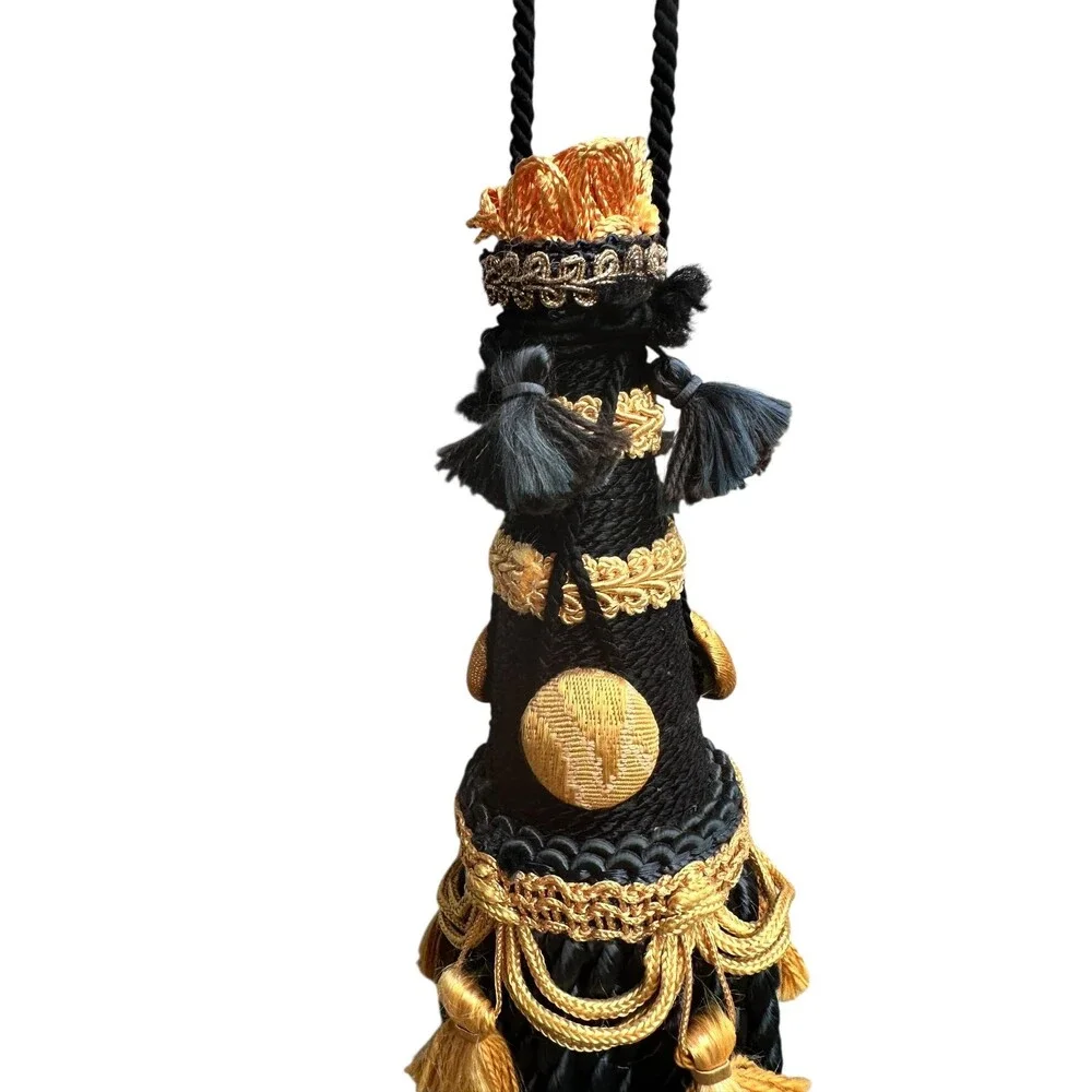 Luxury Black and Gold Oversized Drapery Tassel with Wood Core Tieback Ornament